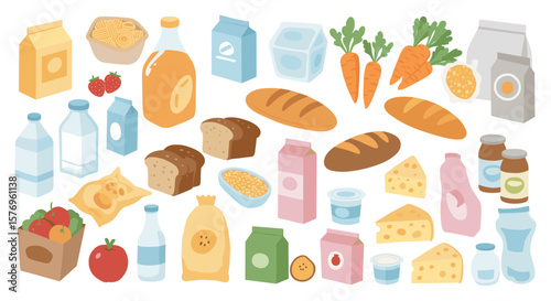 Colorful assorted groceries in flat style depicting diverse food items and packaging variety