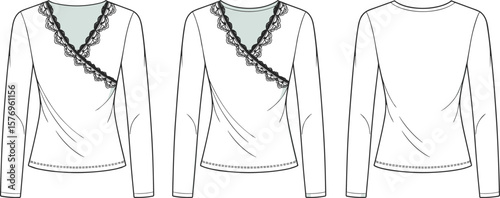 Women's lace trim V-neck wrap top, long sleeves, technical flat sketch, fashion drawing, front and back view, garment design illustration