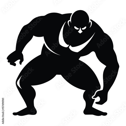 Powerful strong giant silhouette character posing aggressively in black and white with muscular build
