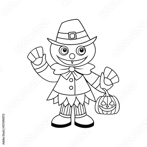 A friendly scarecrow with patchwork outfit Halloween kids coloring book Vector illustration