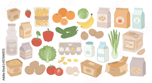 Hand-drawn grocery items: healthy foods and fresh produce icons