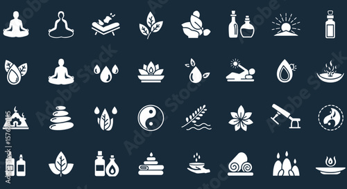 Minimalist wellness and spa icons: yoga, meditation, aromatherapy, and balance