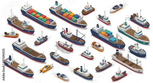 Diverse maritime fleet in isometric style featuring cargo and passenger ships