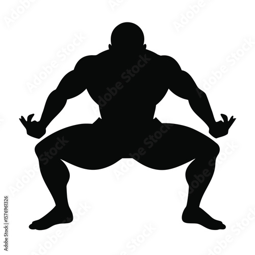 Silhouette depiction of a sumo wrestler in a ready stance with muscular build and defined form