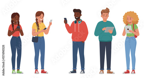 Diverse group of young people engaging with technology in casual attire