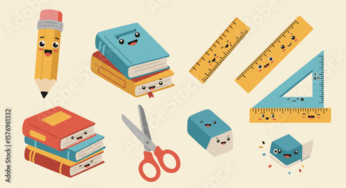 Cute school supplies with smiling faces: pencils, books, rulers, and erasers