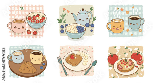 Cute breakfast doodles featuring coffee, tea, and delicious pastries