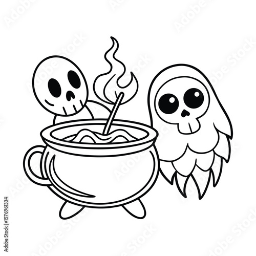 A ghost and skeleton roasting marshmallows Halloween kids coloring book Vector illustration