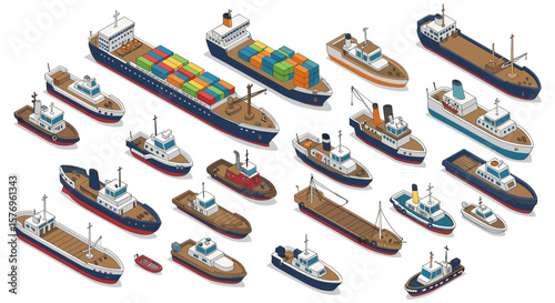 Diverse fleet of isometric cargo and passenger ships on white background