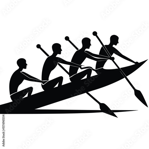 Rowing team silhouette illustration depicting four rowers in a racing shell performing together