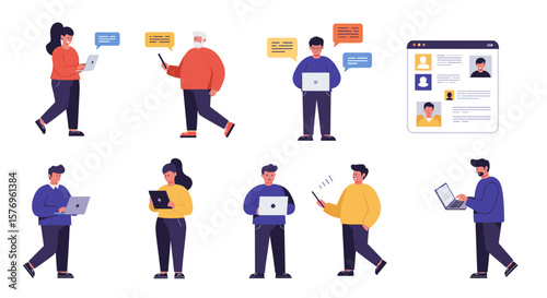 Diverse people using technology devices in modern flat style for communication
