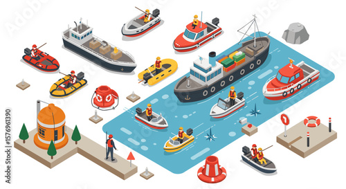 Isometric maritime rescue scene with diverse boats and crew