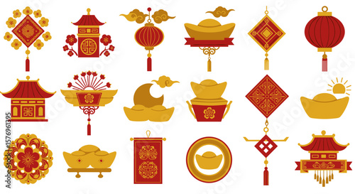 Gold and red traditional chinese symbols and decorations for festive celebrations