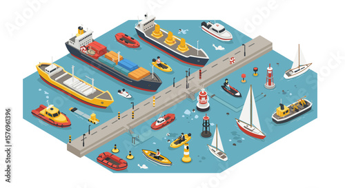 Isometric maritime scene with ships and boats in a busy harbor setting