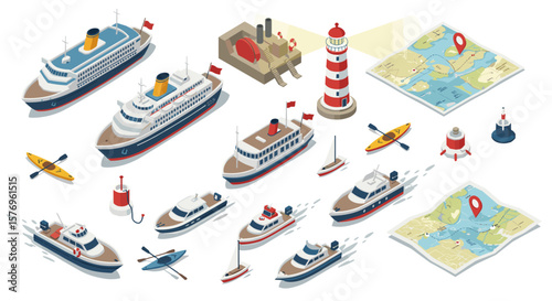 Isometric nautical scene with cruise ships, lighthouse, and maps