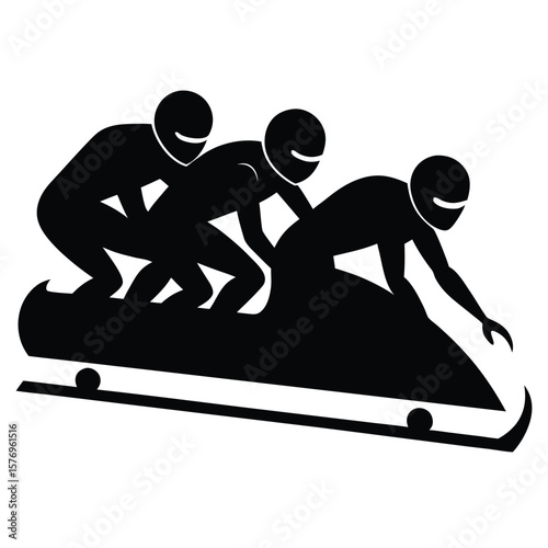 Silhouette illustration depicting a team of three athletes participating in the winter sport of bobsleigh racing
