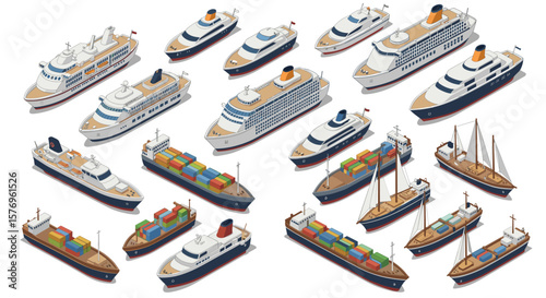 Isometric collection of ships and boats featuring cargo and cruise vessels
