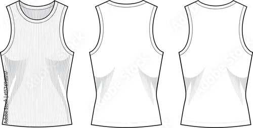 Women's ribbed tank top technical flat sketch, sleeveless athletic shirt front and back view, fitted workout wear design template