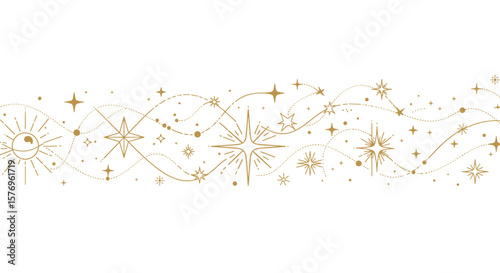 Celestial gold line art with stars and cosmic elements on white background