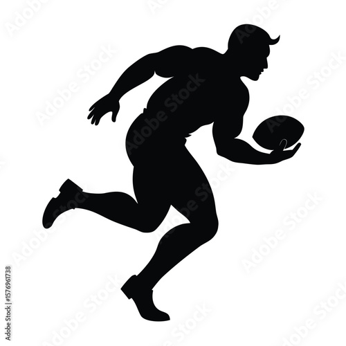 Silhouette illustration of a football player in action with an oval ball on a clean white background