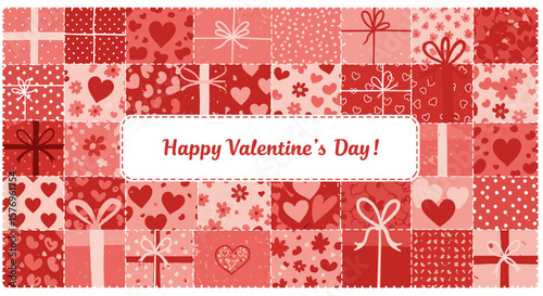 Festive valentine's day card with red and pink gift patterns and hearts design
