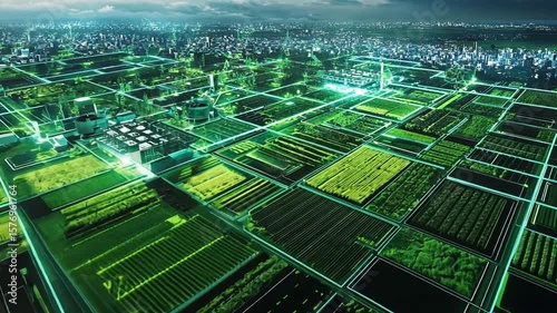 Futuristic smart agriculture landscape with digital interface connecting urban farms