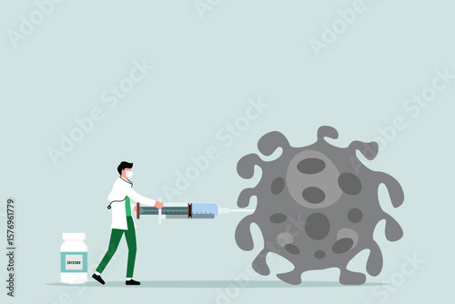 The concept of Virus vaccination research, doctors or medical staff use syringes to inject vaccines into pathogens and successfully kill them