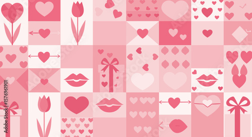 Seamless pink love pattern with hearts, lips, and gifts for valentine's day design