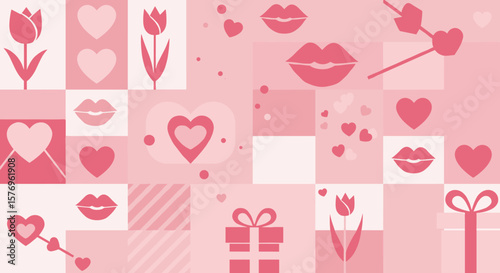 Romantic seamless pink pattern with hearts, lips, and flowers for valentine's day