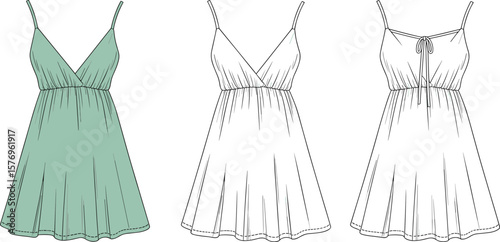 Women's sleeveless summer dress fashion sketch, stylish nightwear design illustration, casual spaghetti strap dress template, clothing technical flat