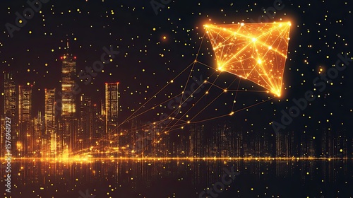 Illuminated city skyline with a glowing, geometric kite.