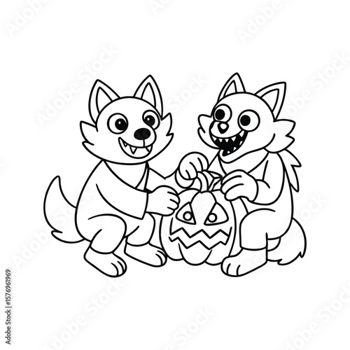 A Halloween vampire and werewolf with pumpkin fun kids coloring book Vector illustration