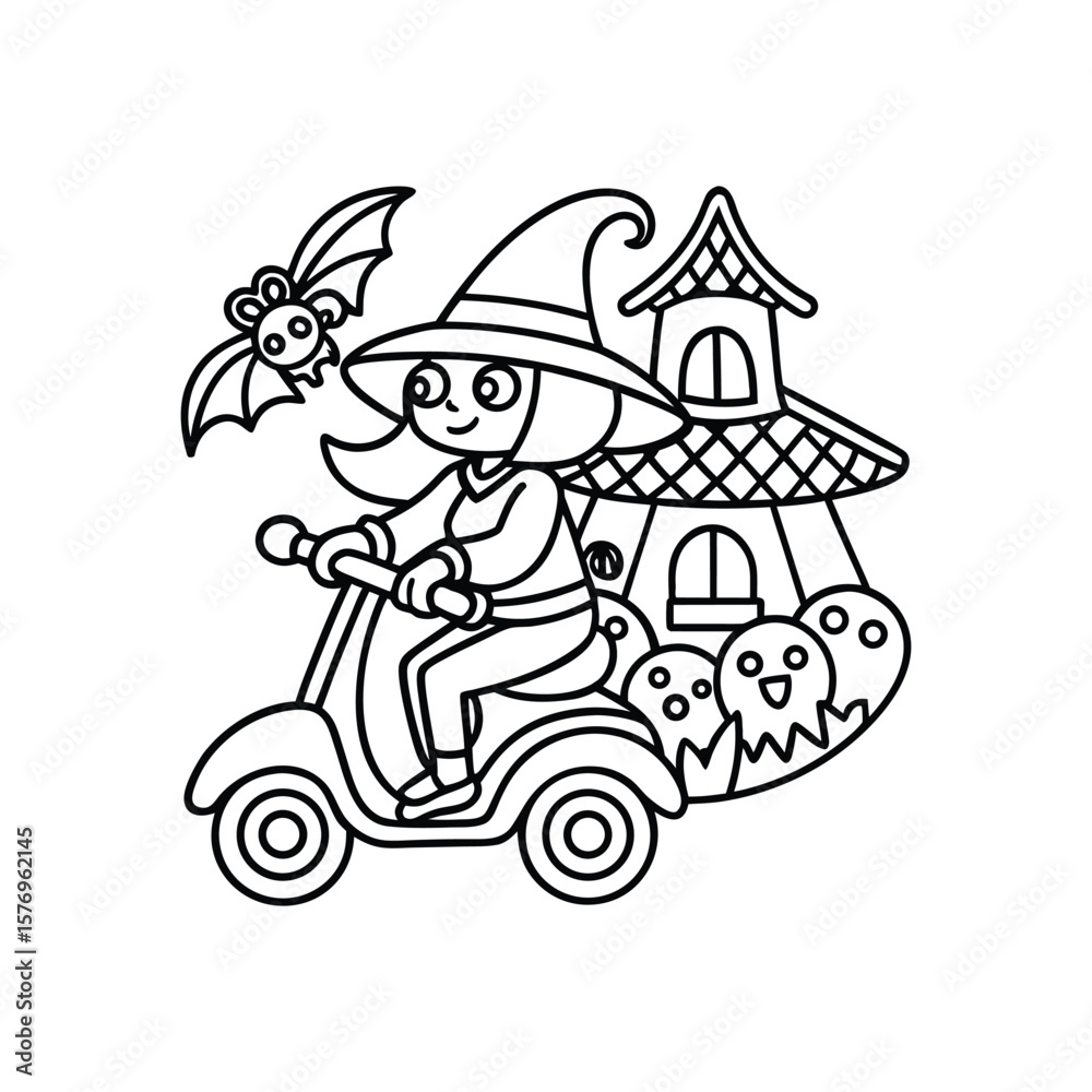 Fototapeta premium A Halloween witch riding a scooter with joy kids coloring book Vector illustration