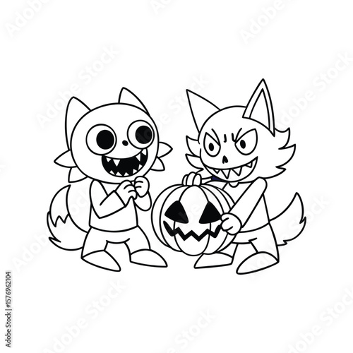 A Halloween vampire and werewolf together kids coloring book Vector illustration
