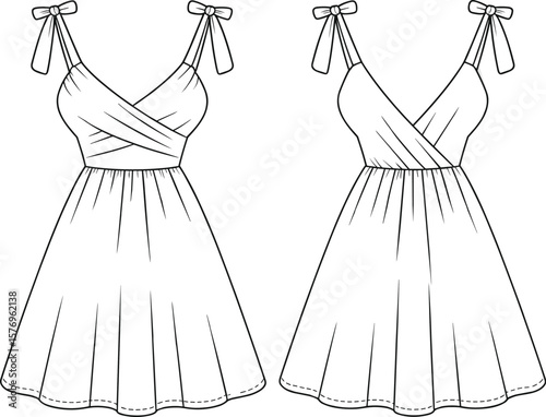 Women's sleeveless summer dress flat sketch with shoulder bow tie, crossover bodice design, A-line silhouette, front and side view