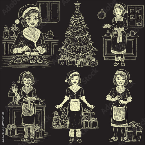  Hand-drawn chalk-style illustrations of women in Santa-inspired outfits and aprons, engaged in Christmas preparations like baking and decorating, with a Christmas tree and gifts.
