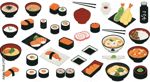 Variety of traditional japanese cuisine in flat style