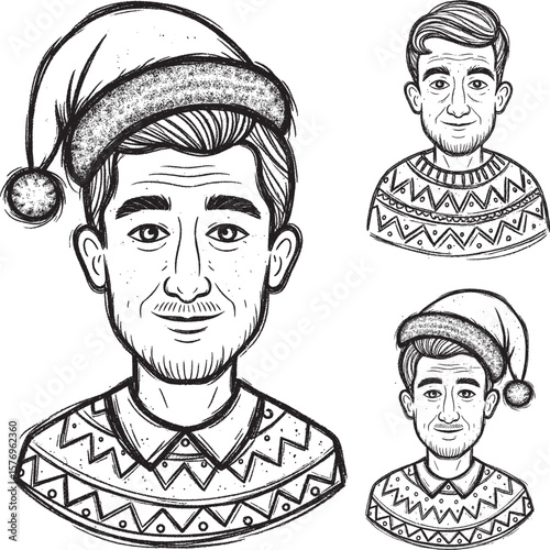 Hand-drawn chalk-style illustrations of mature men wearing festive Santa hats and patterned winter sweaters.