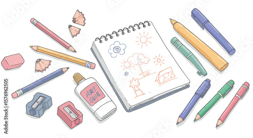 Creative doodle art supplies with notepad and sketches in flat style