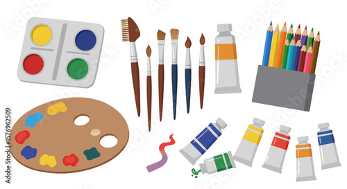 Art supplies set with brushes, paints, and pencils on white background