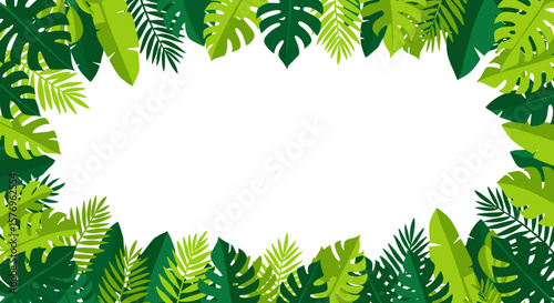 Tropical leaf border design with vibrant green foliage on white background