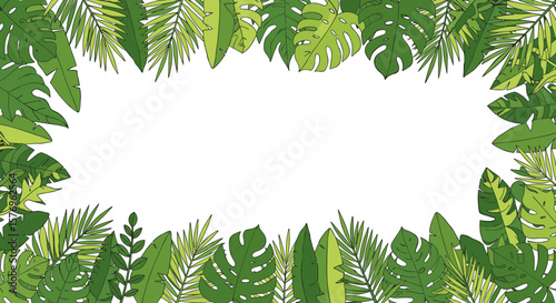 Tropical leaves border frame with exotic foliage on white background