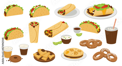 Collection of delicious mexican food doodles with tacos, burritos, nachos, and refreshing drinks