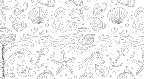 Nautical seamless pattern with seashells, waves, and anchors