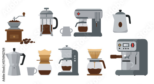 Variety of coffee makers in flat style with modern brewing tools and accessories