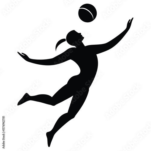 Silhouette of a female volleyball player jumping and spiking the ball in mid-air for a point