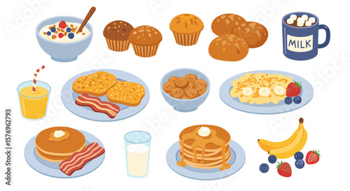 Delicious breakfast spread with pancakes, muffins, and fresh fruit