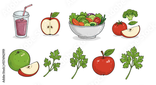 Fresh fruits and veggies with smoothie and salads: hand drawn in flat style