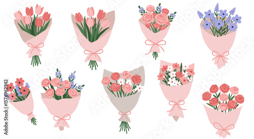 Charming bouquets of flowers with pastel pink wrapping for any occasion