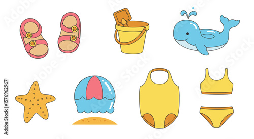Playful beach essentials for kids: sandals, toys, and swimwear in cute cartoon style